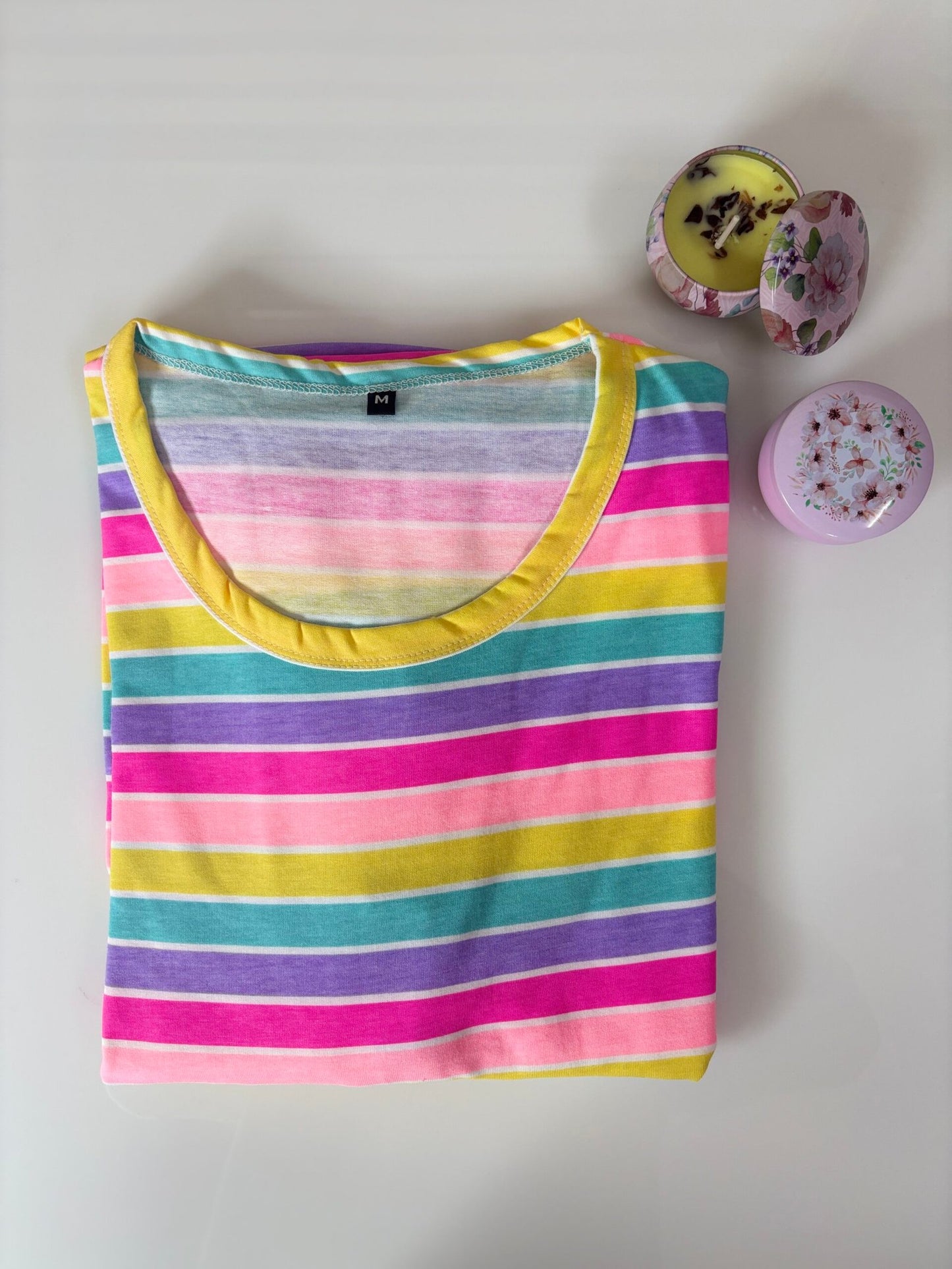 Multicolor Stripes Printed Round Neck Lounge Frock