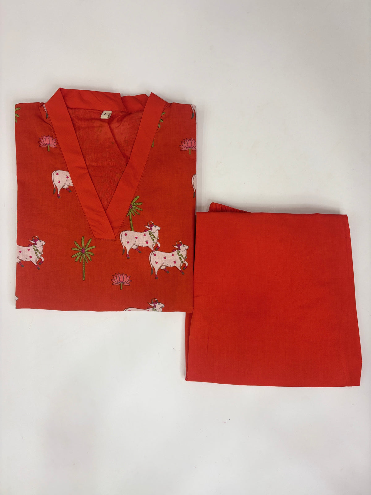 Coral Red Cow Print Kurti Set
