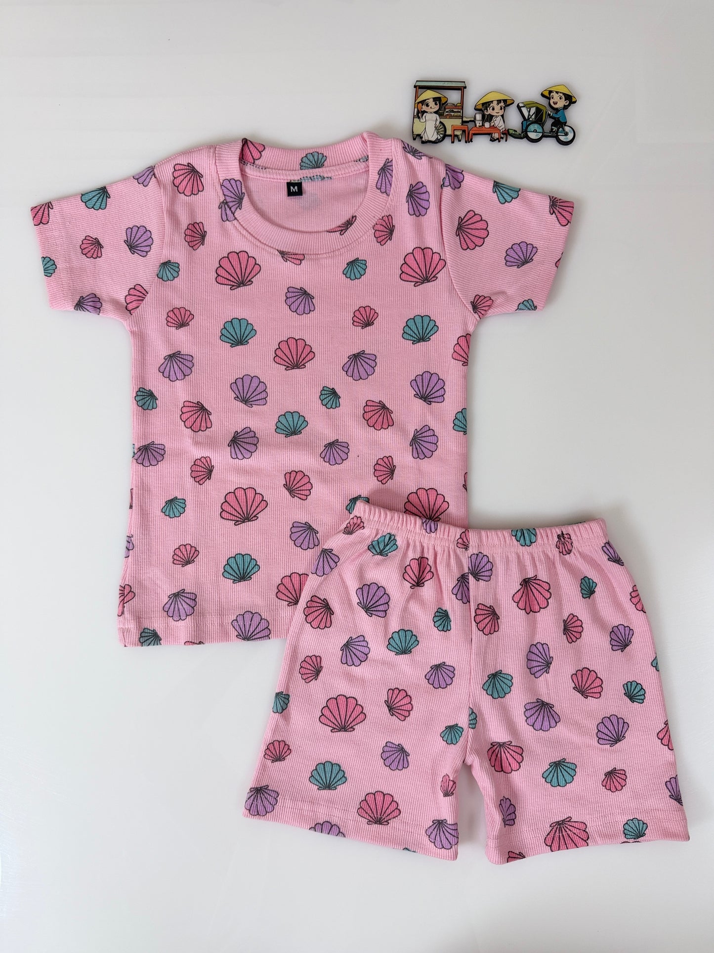 Pink Multicolor Seashell Printed Kids T-Shirt and Shorts Coords