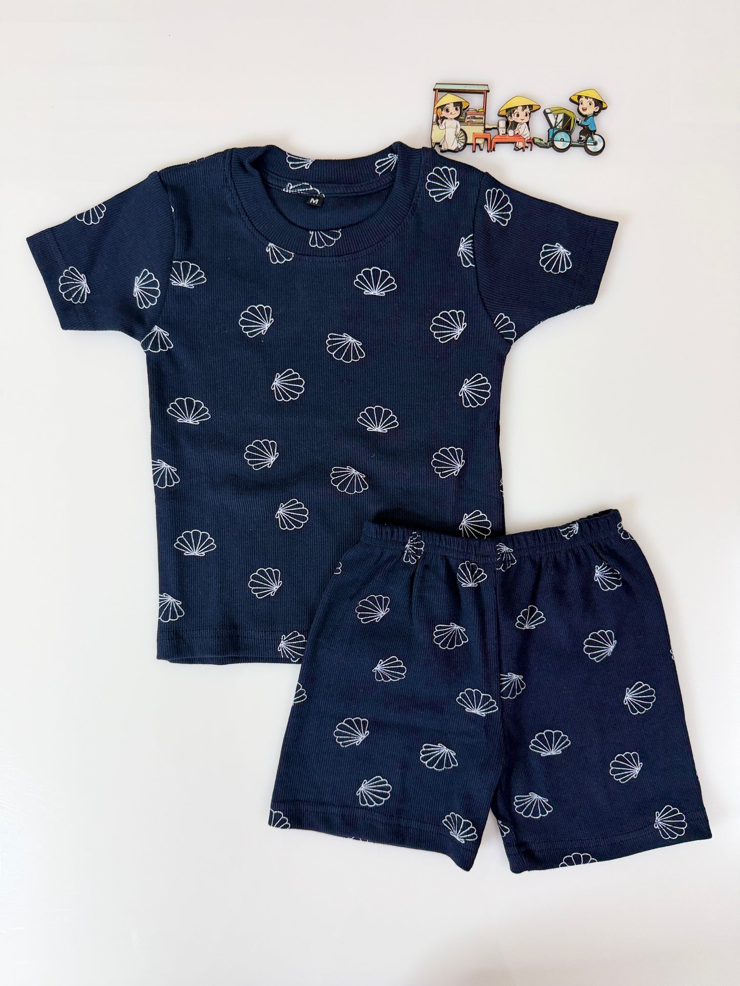 Navy Blue White Seashell Printed Kids T-Shirt and Shorts Coords