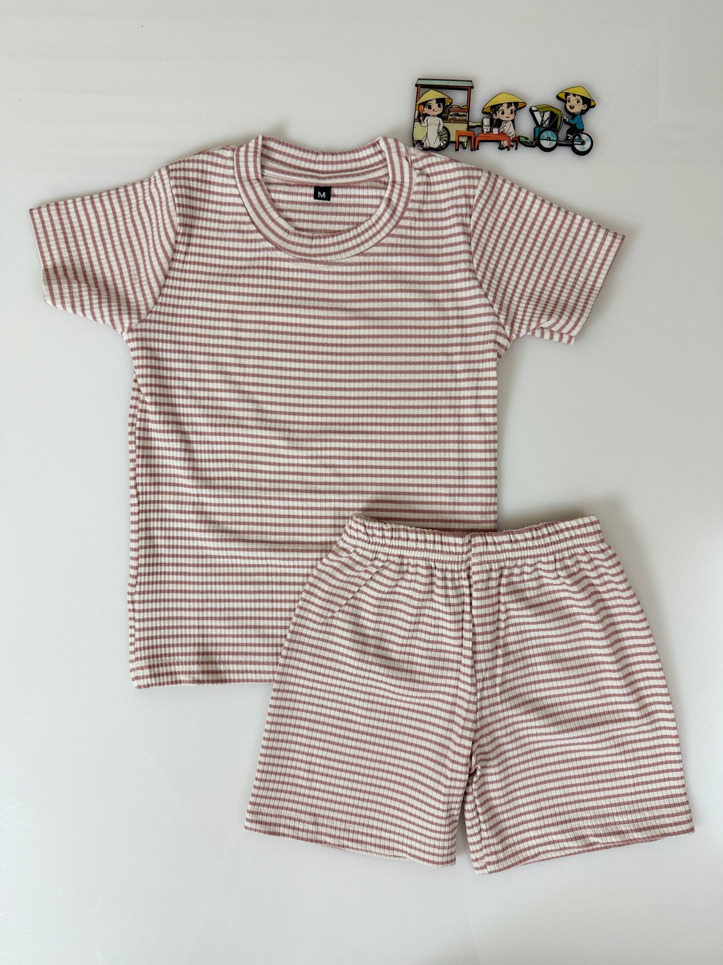 Cream Brown Striped Kids T-Shirt and Shorts Coords