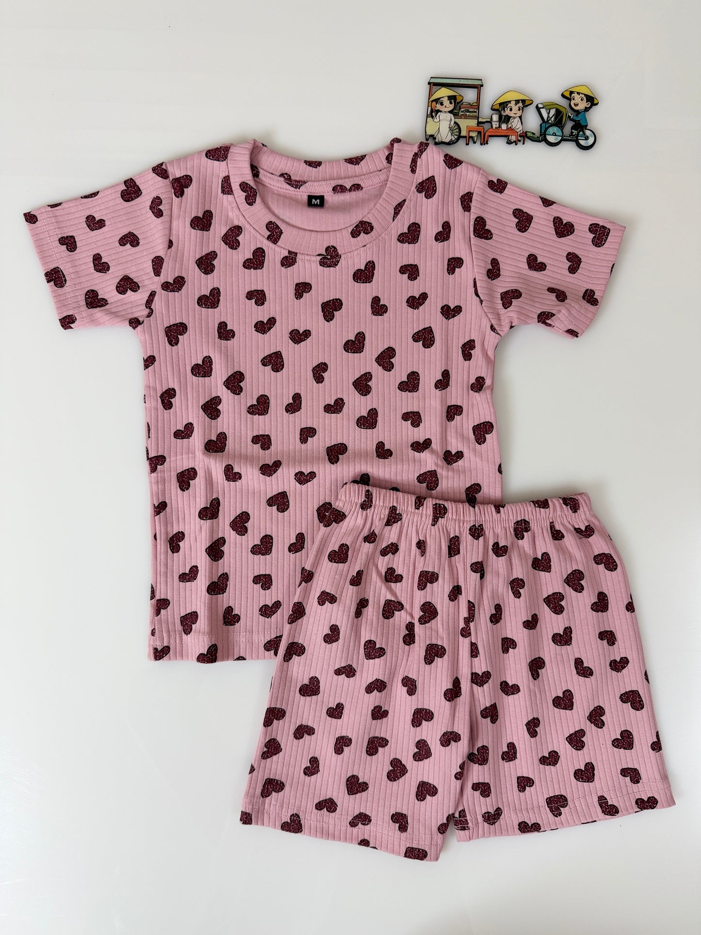 Pink Maroon Heart Printed Kids T-Shirt and Shorts Coords