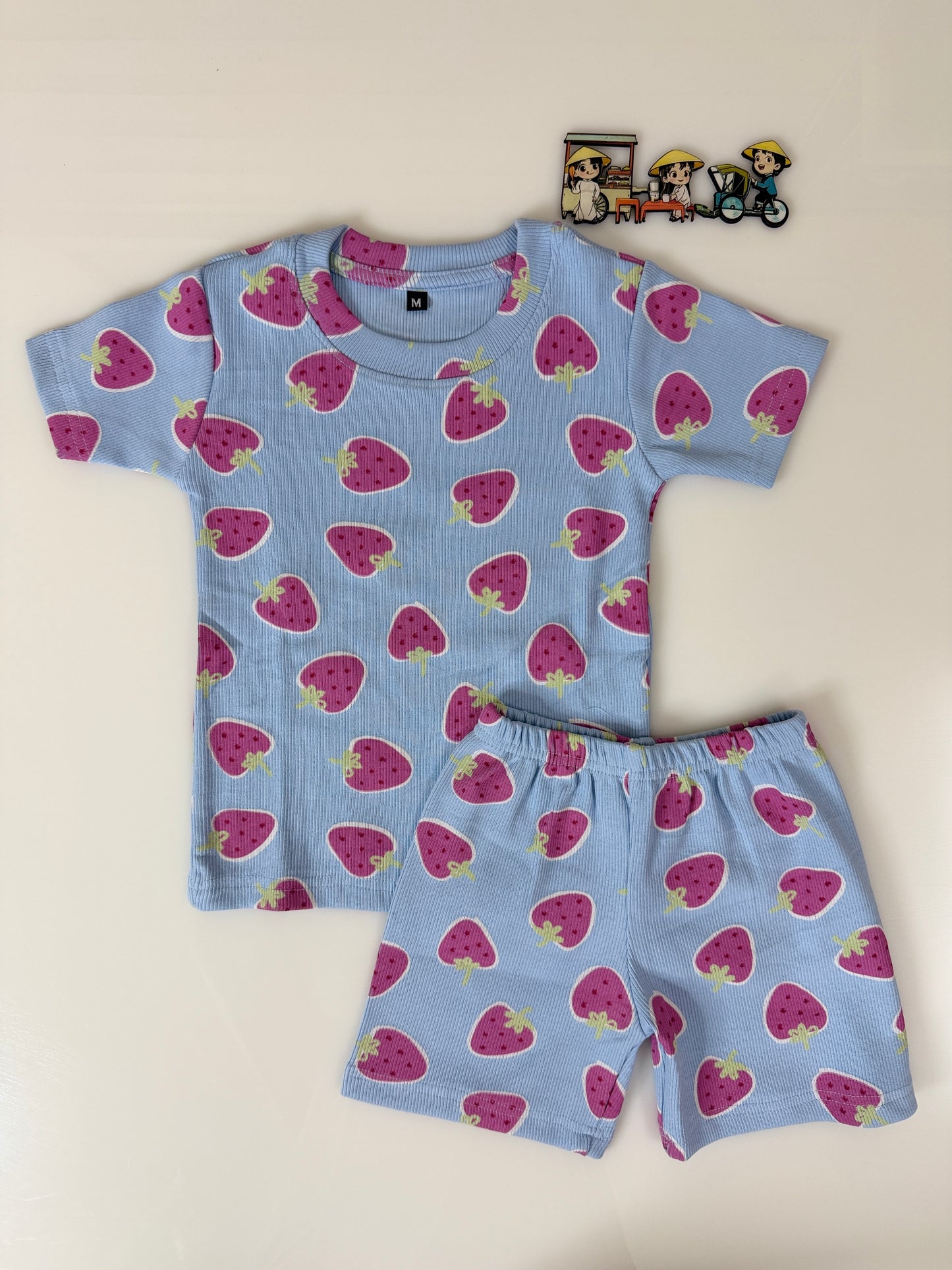 Sky Blue Pink Strawberry Printed Kids T-Shirt and Shorts Coords