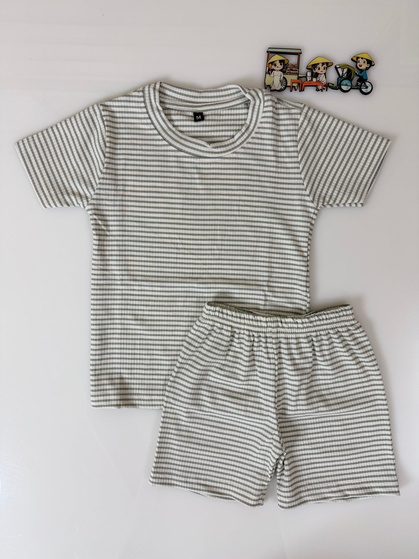 Sage Green White Striped Kids T-Shirt and Shorts Coords