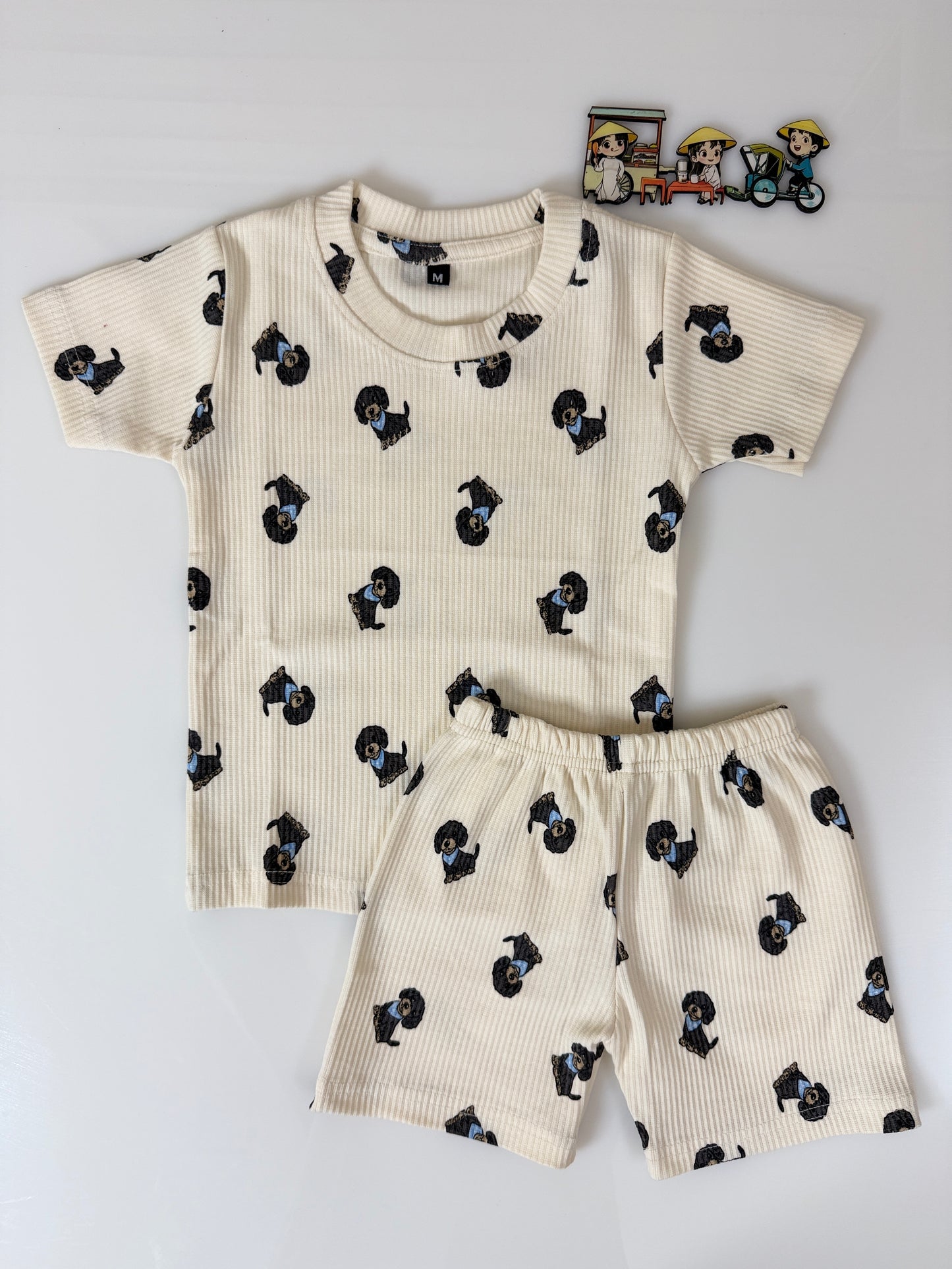 Cream Black Puppy Printed Kids T-Shirt and Shorts Coords