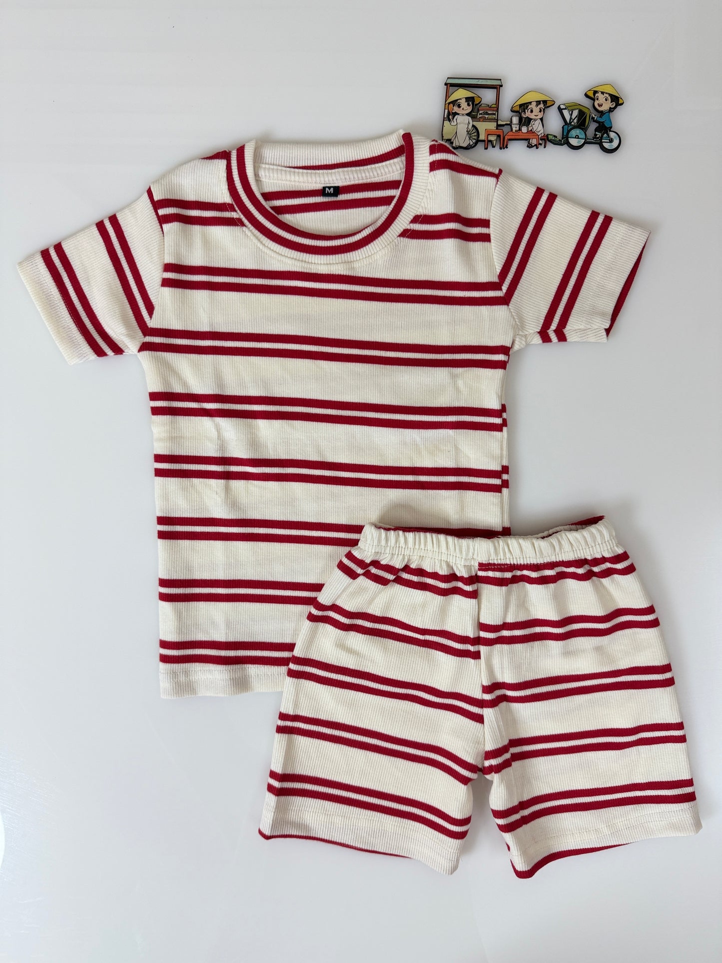 Cream Red Striped Kids T-Shirt and Shorts Coords