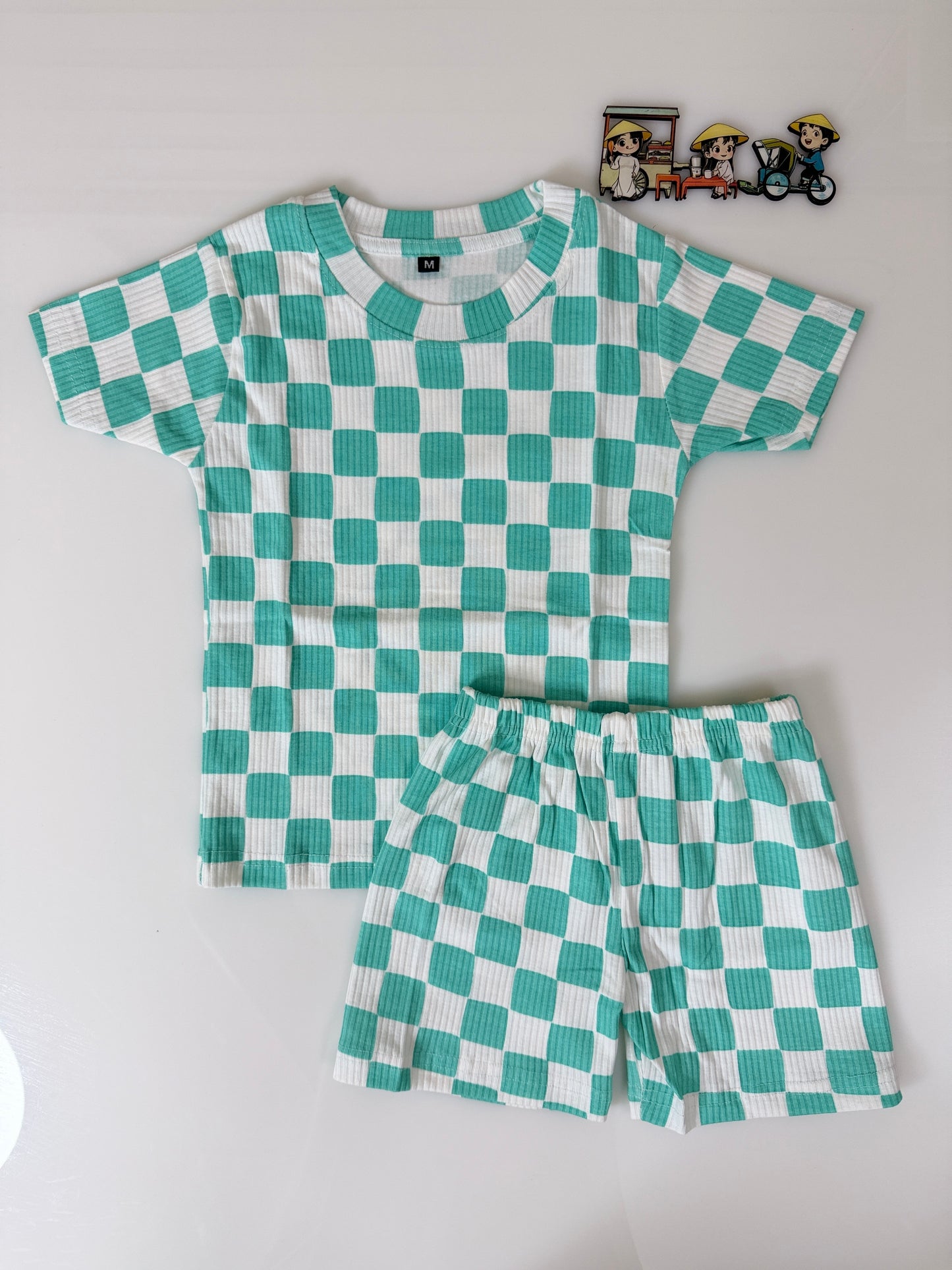Mint Green White Checkered Kids T-Shirt and Shorts Coords