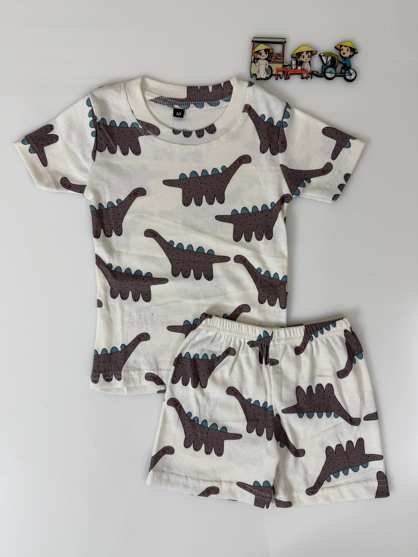 Cream Brown Dinosaur Printed Kids T-Shirt and Shorts Coords