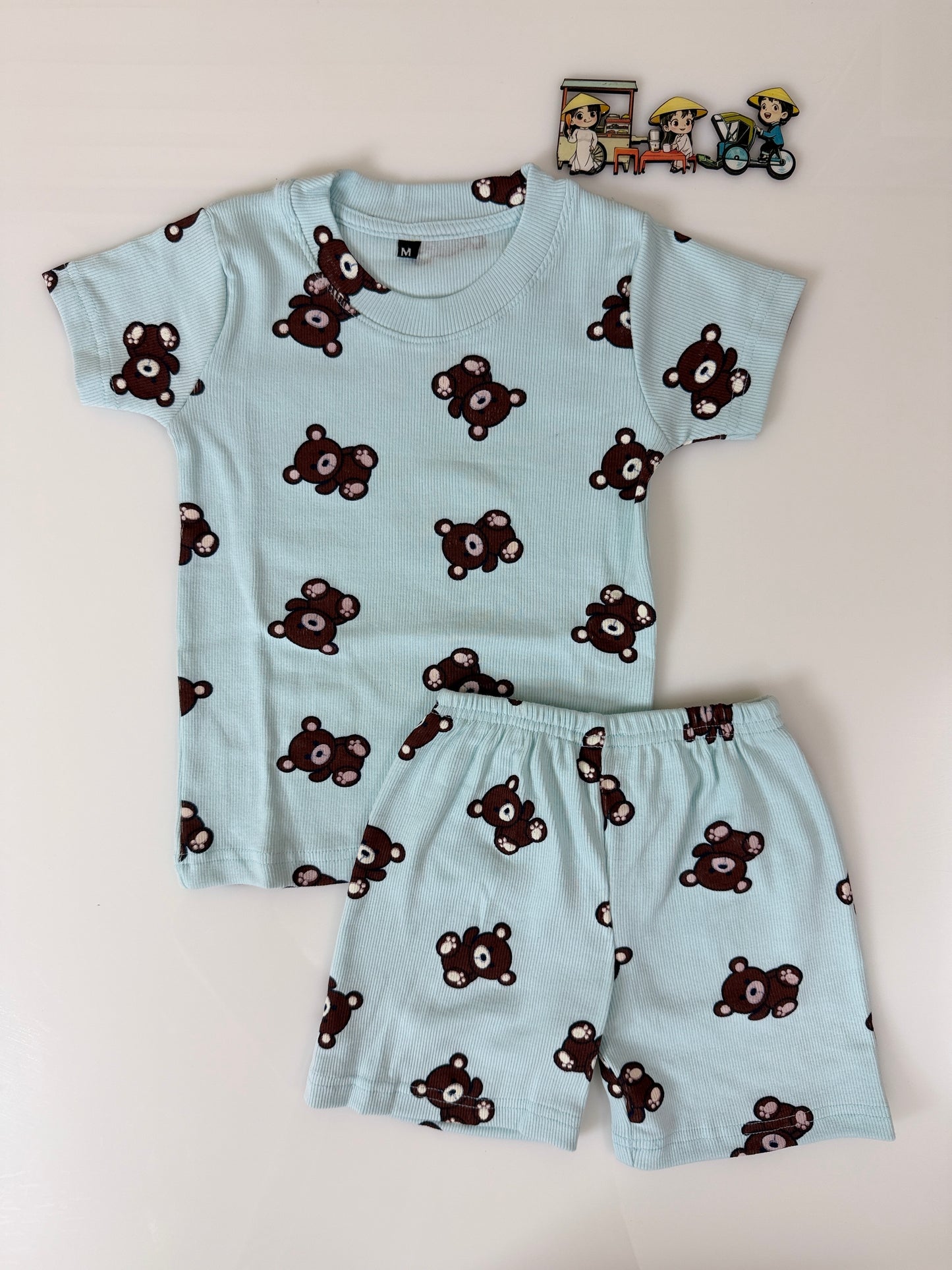 Sky Blue Brown Teddy Printed Kids T-Shirt and Shorts Coords