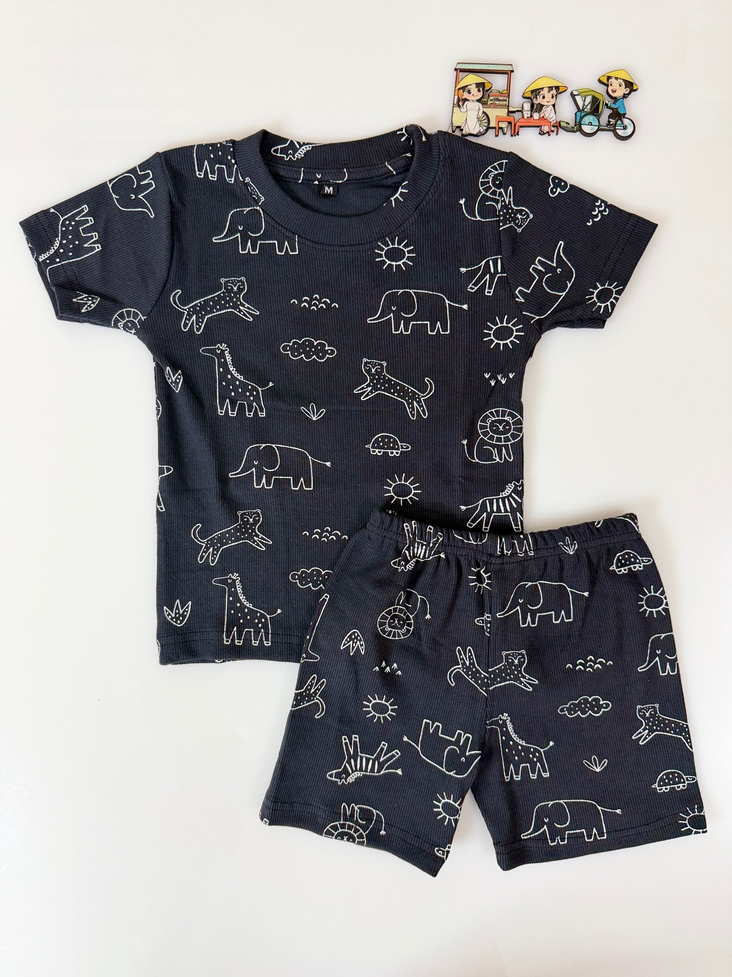 Charcoal Black White Animal Printed Kids T-Shirt and Shorts Coords