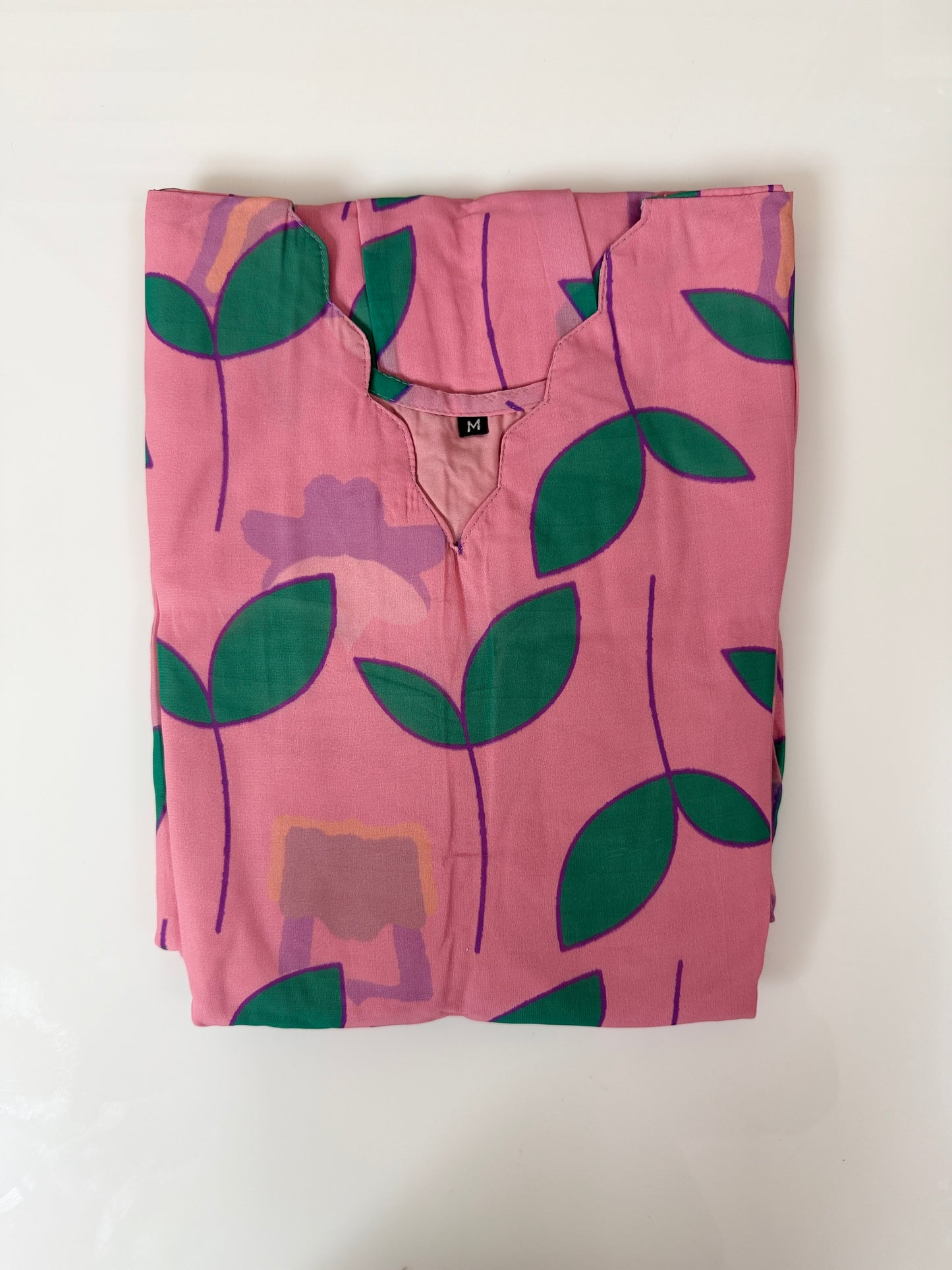 Pink Green Leaf Printed Georgette Outdoor Non-Feeding Maxi