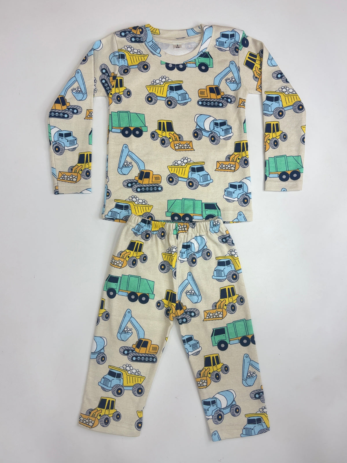 Beige Construction Trucks Print Kids Pants Co-ord