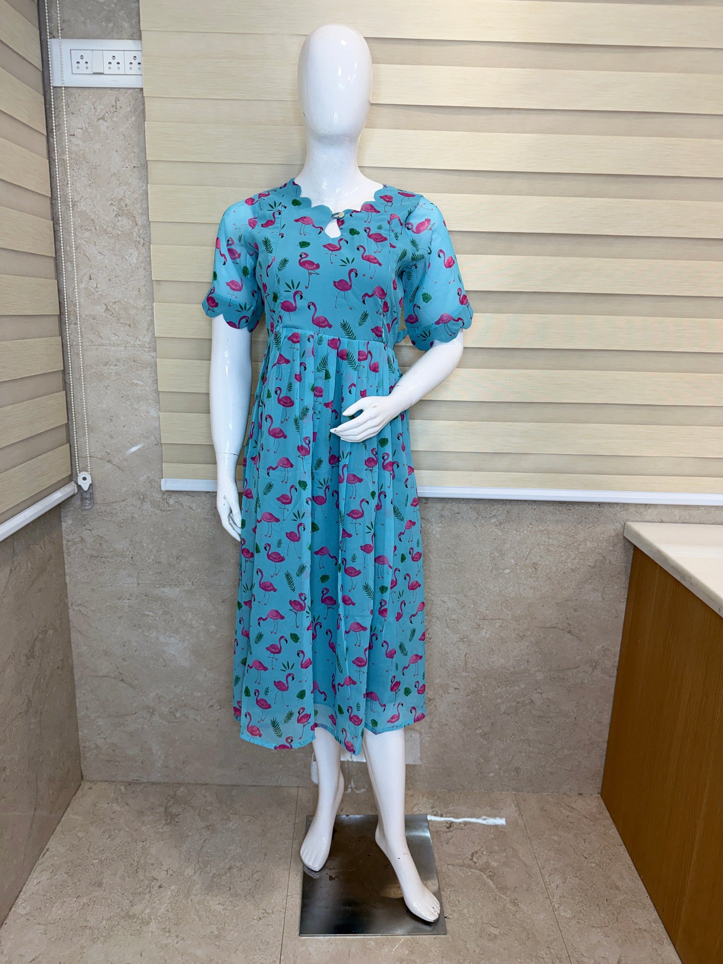 Sky Blue Pink Flamingo Printed Georgette Feeding Maxi