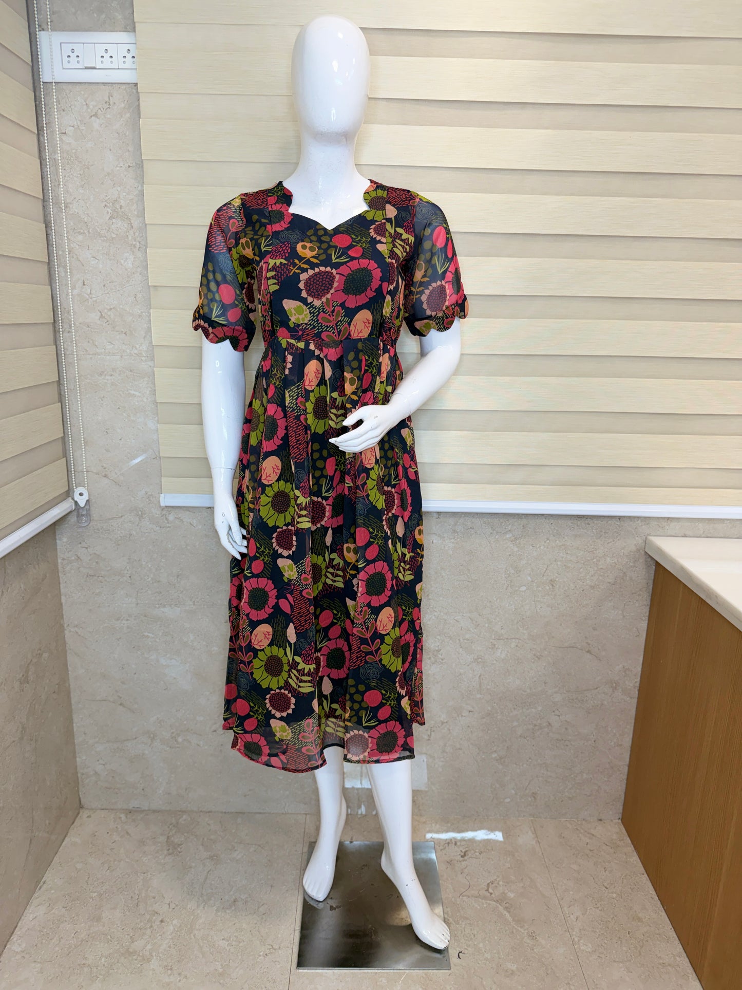 Navy Blue Pink Floral Printed Georgette Feeding Maxi