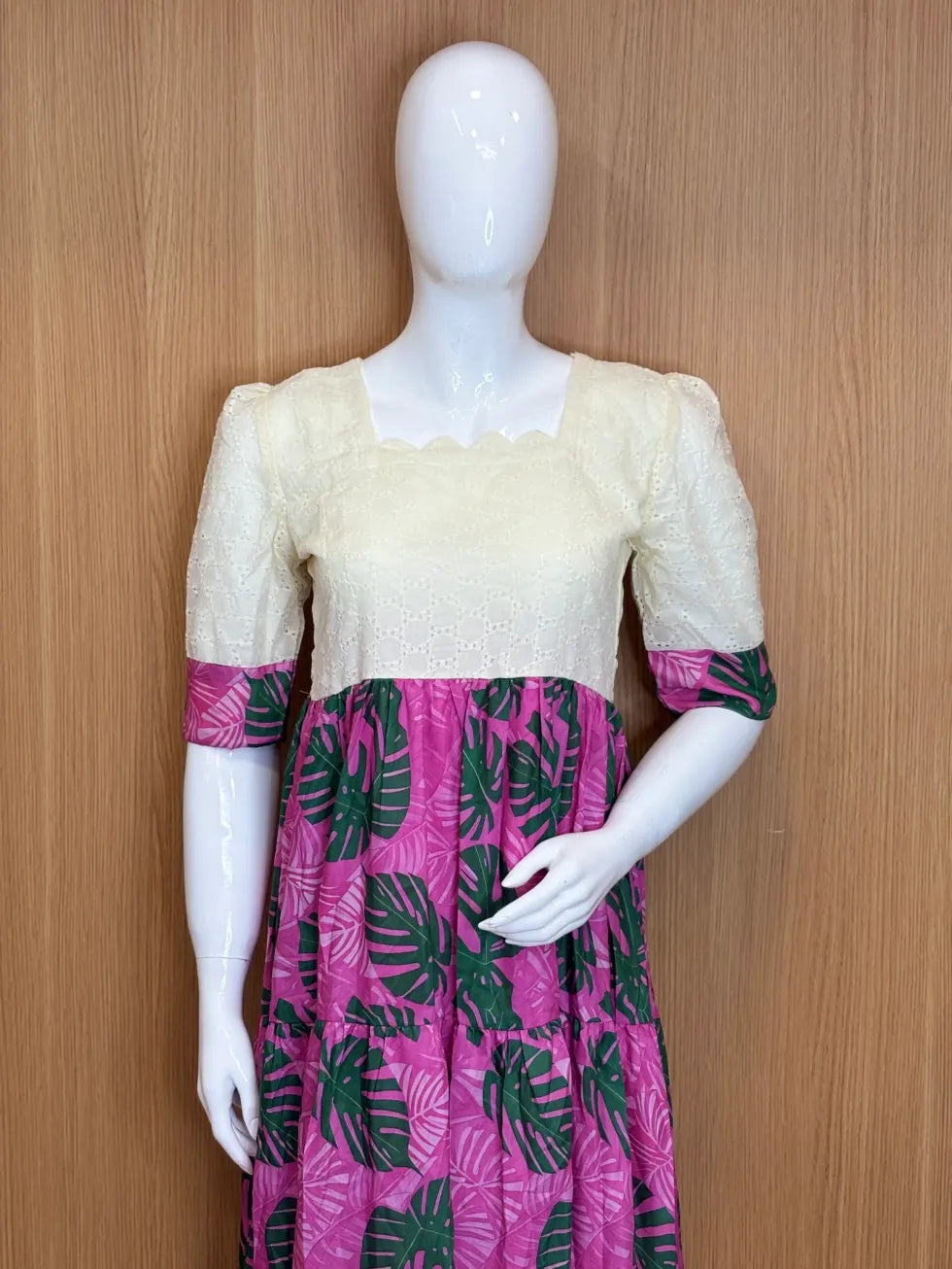 Half White Violet Floral Printed Hakoba Feeding Maxi