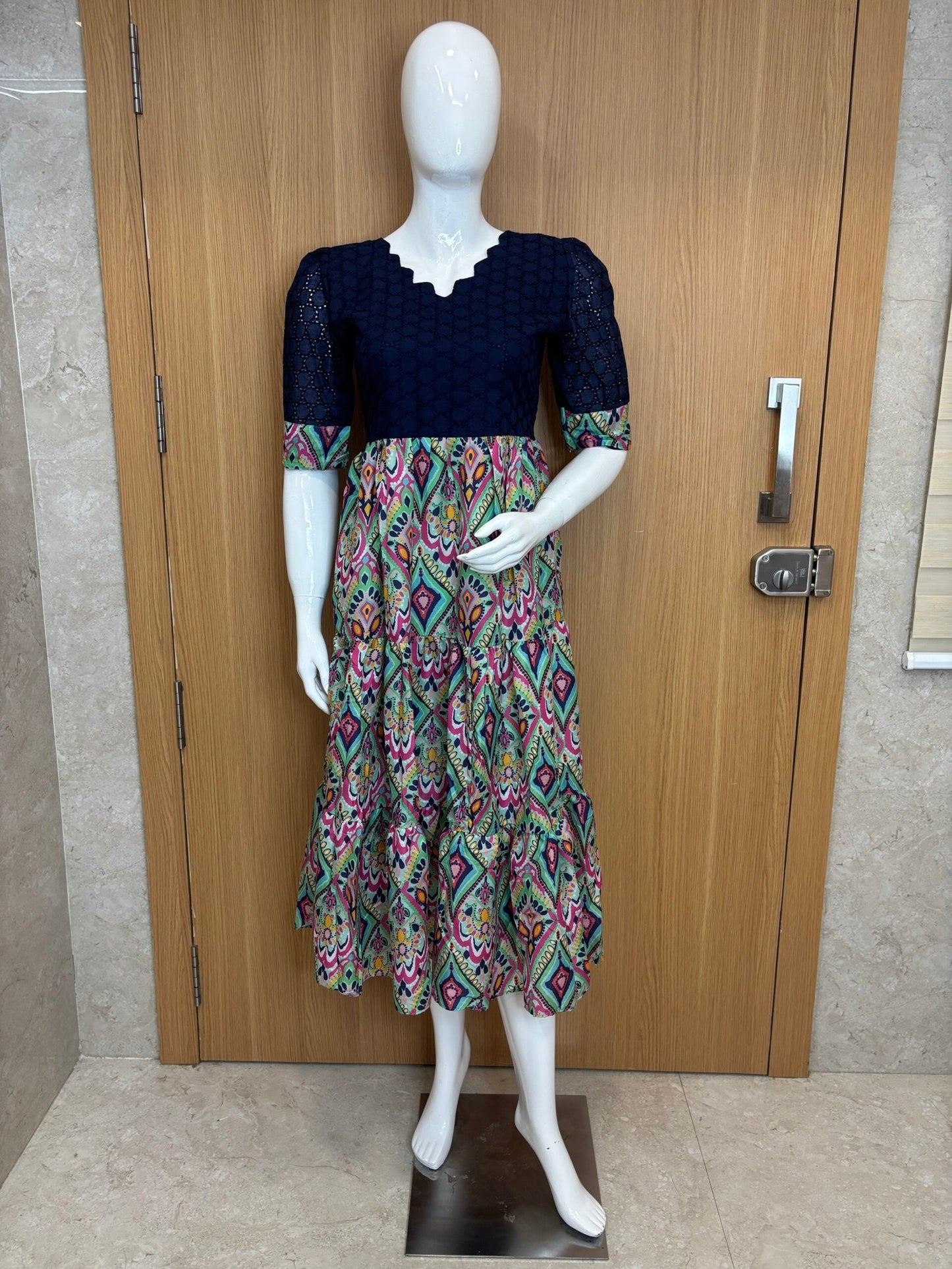 Navy Blue Green Pattern Printed Hakoba Feeding Maxi