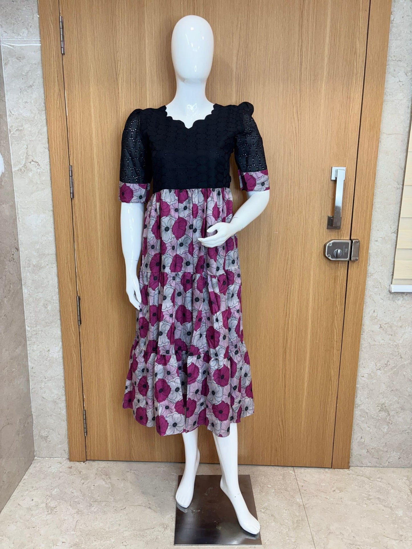 Black Purple Floral Printed Hakoba Non Feeding Maxi