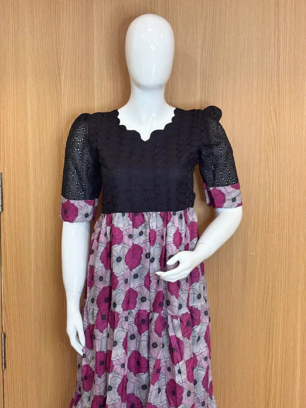 Black Purple Floral Printed Hakoba Non Feeding Maxi