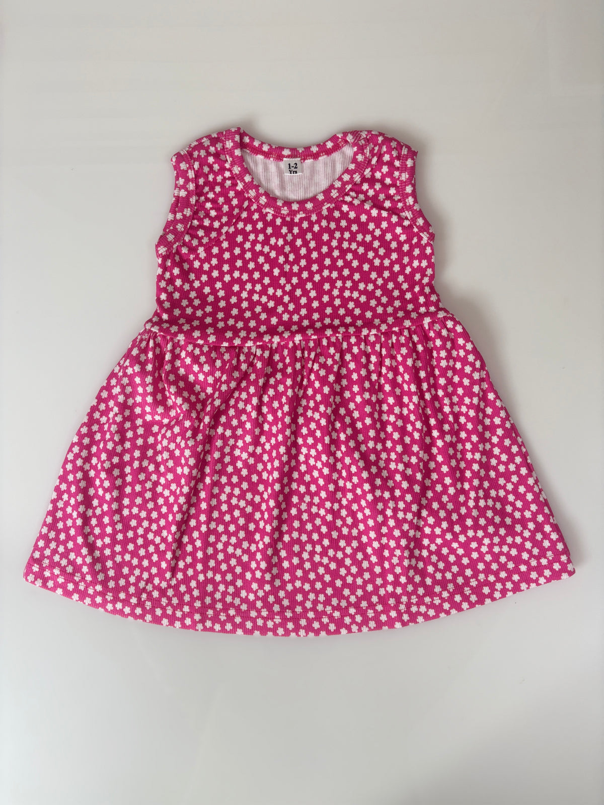 Magenta Pink White Floral Print Kids Ribbed Sleeveless Frock