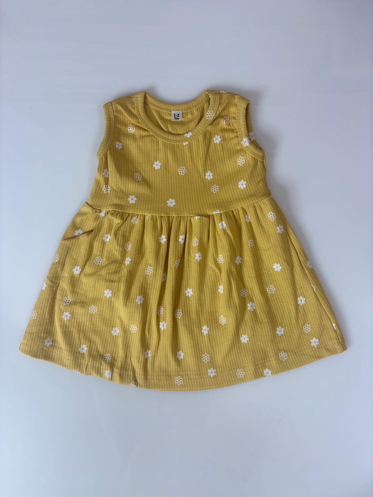 Mustard Yellow White Daisy Print Kids Ribbed Sleeveless Frock