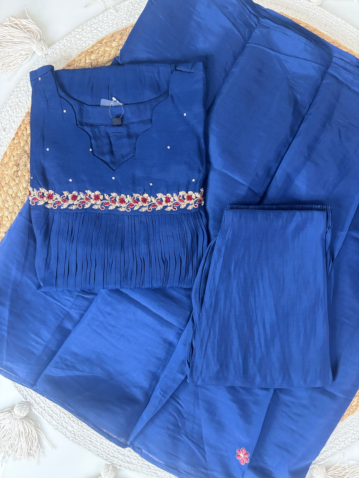 Mul chanderi A line with work Royal Blue Embroidered Anarkali 3 Piece Suit