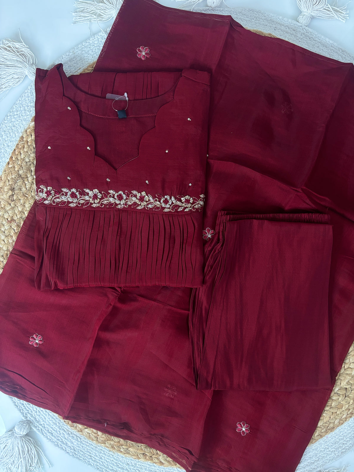 Mul chanderi A line With Work Wine Red Embroidered 3-Piece Suit