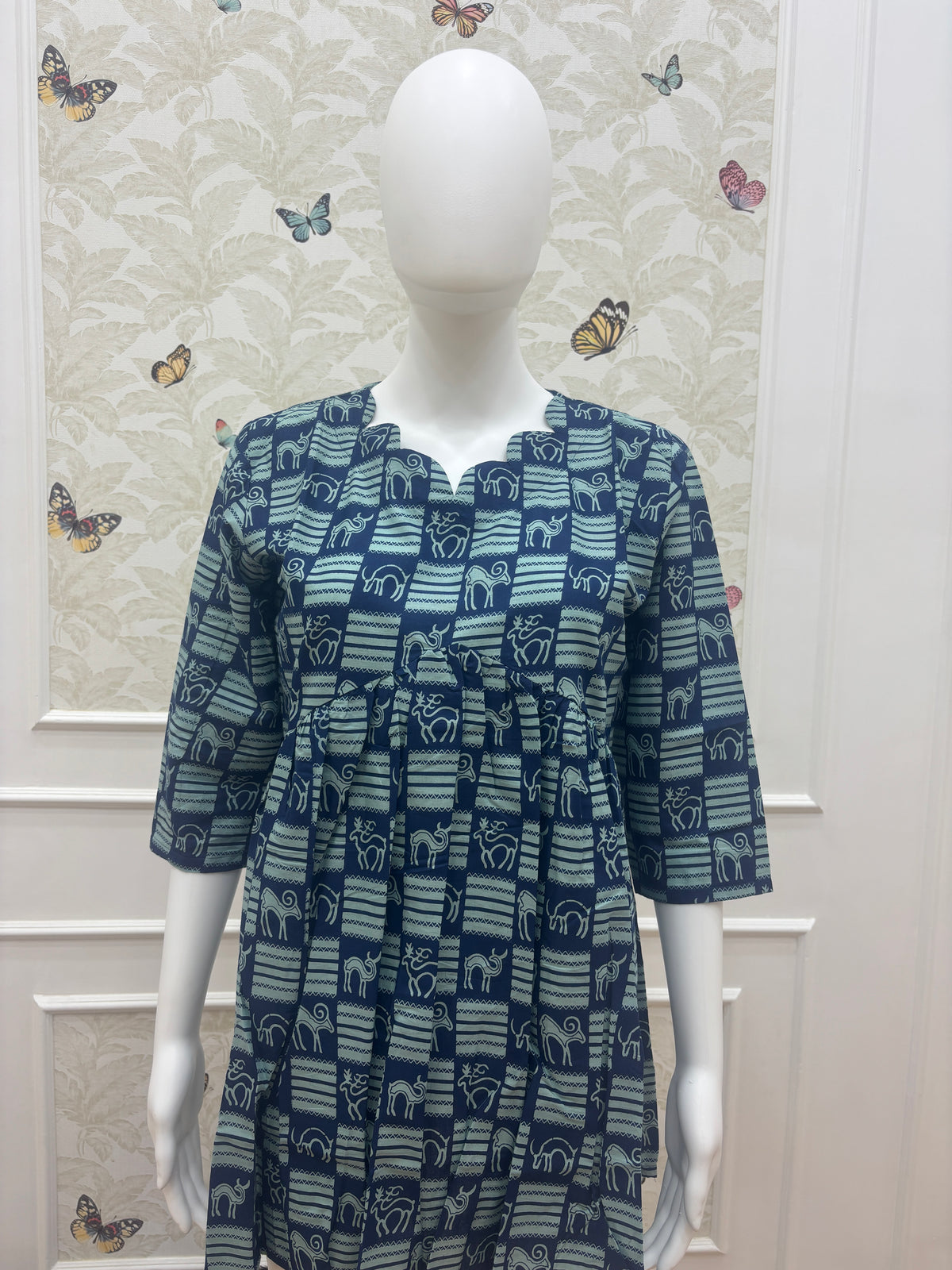 Women's Teal Navy Blue Ethnic Animal Print Peplum Kurta Top