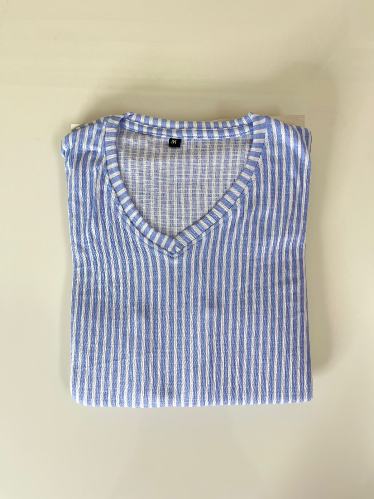 Blue and White Horizontal Stripes Printed V-Neck Lounge Frock