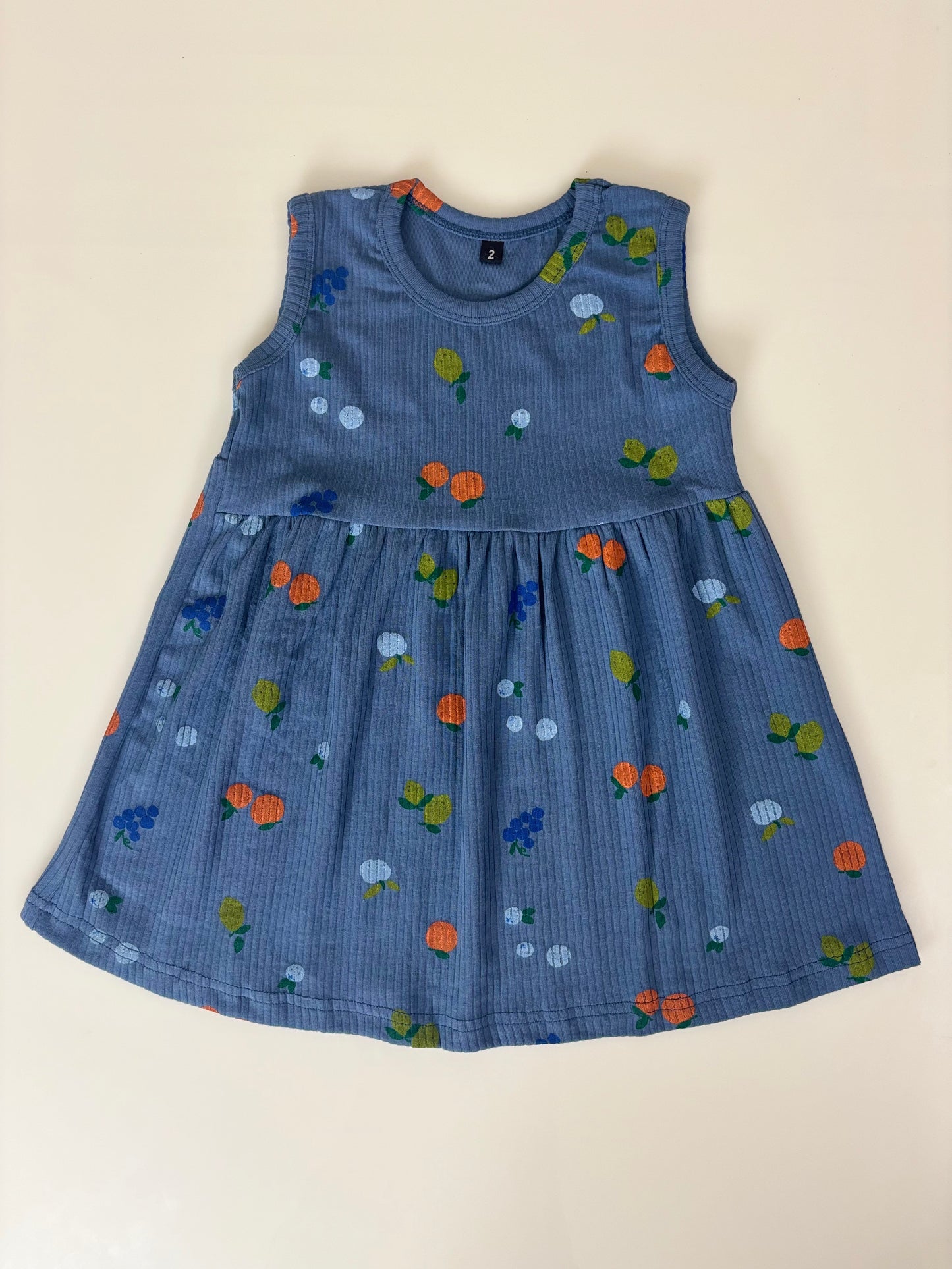 Dark Blue Sleeveless Frocks with Colorfull Fruit Design