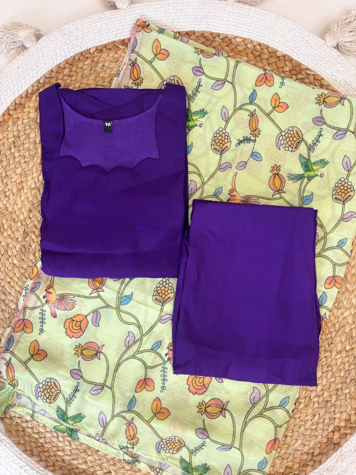 Violet Solid Chanderi Suit With Lime Green Printed Dupatta