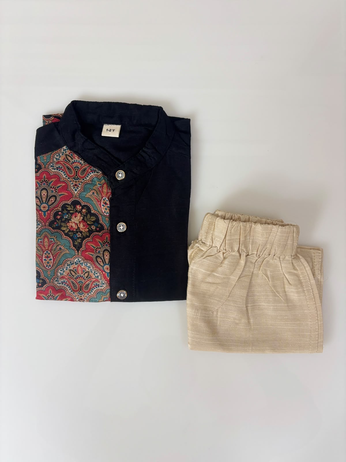 Black Paisley Printed Kids Ethnic Shirt and Shorts Set