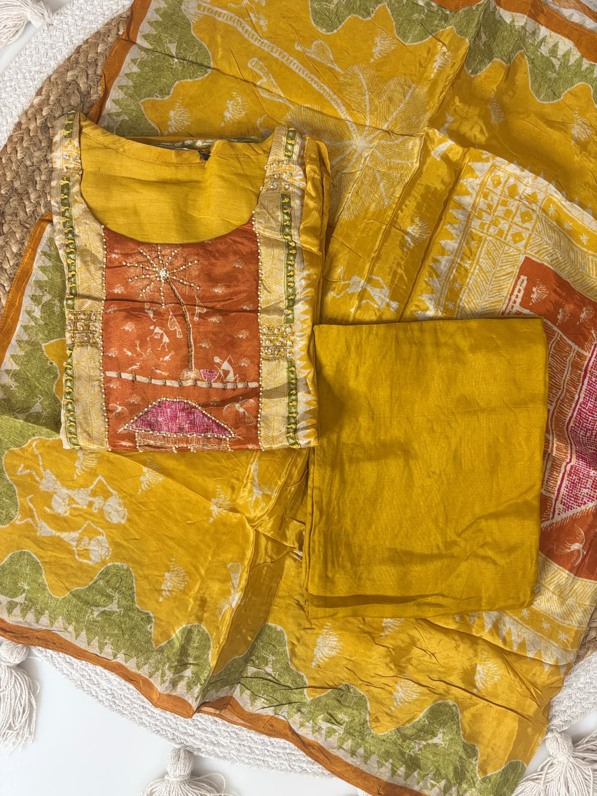 Elegant Butter Crepe Yellow Rust Orange Printed 3 Piece suit