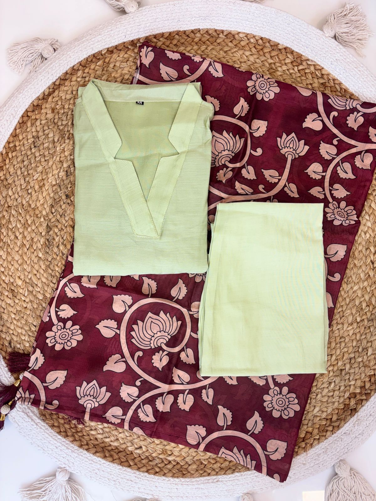 Lime Green Solid Chanderi Suit With Maroon Printed Dupatta