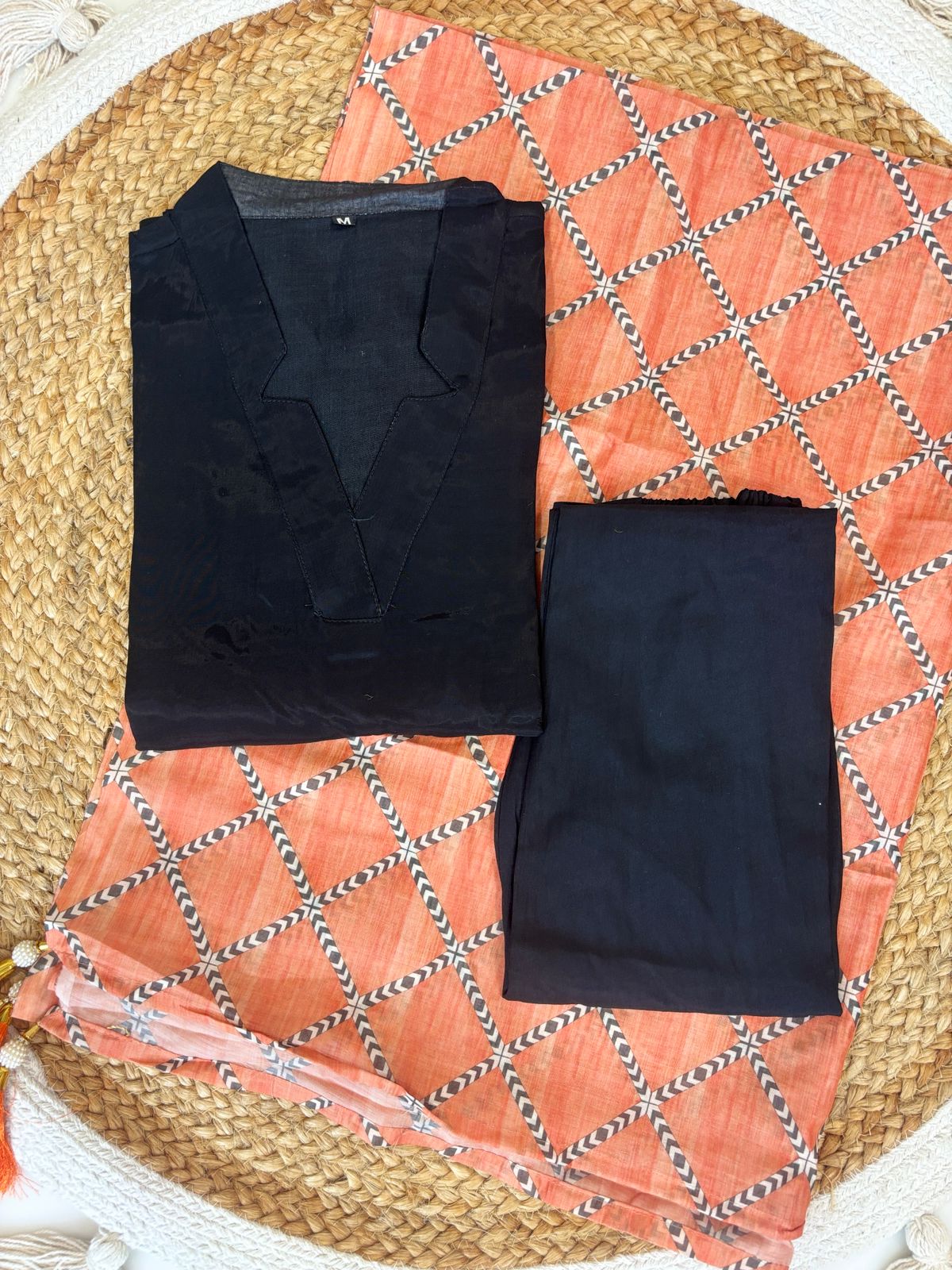 Black Solid Chanderi Suit With Orange Printed Dupatta