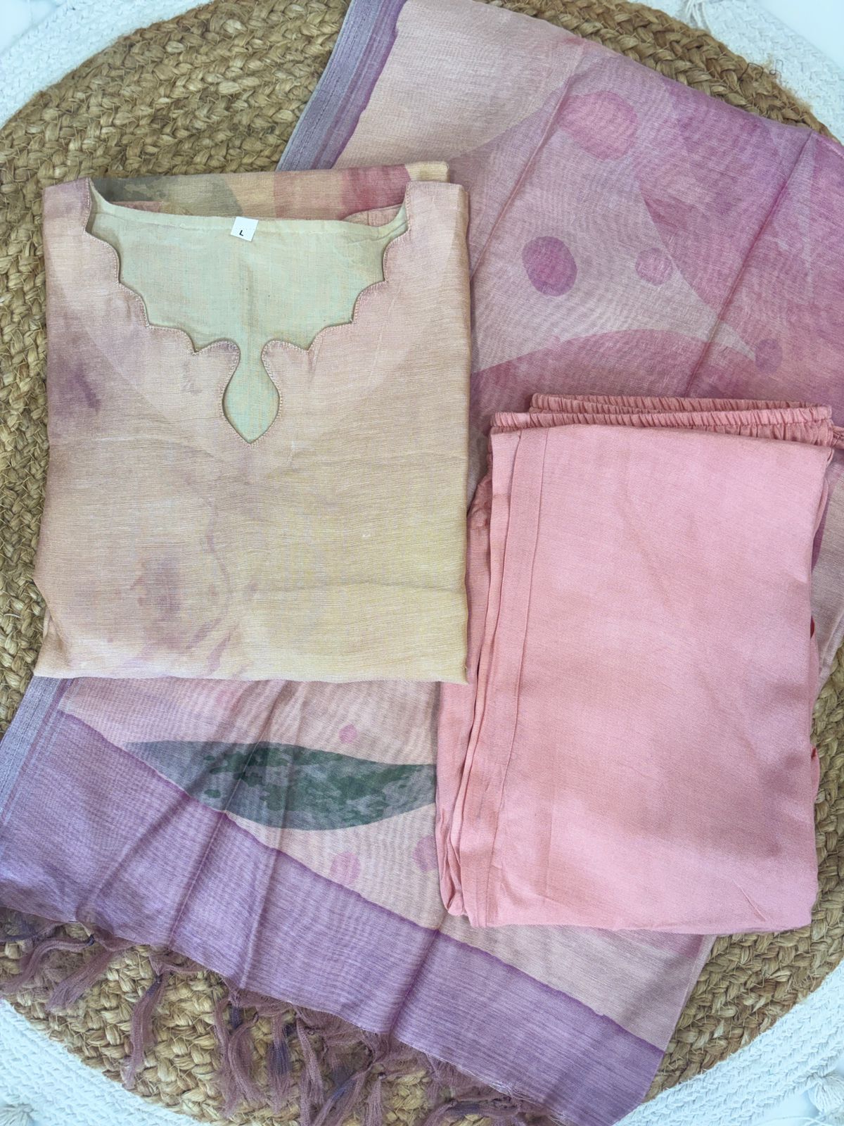 Pink Elegant Printed Linen Kurta Set With Duppata