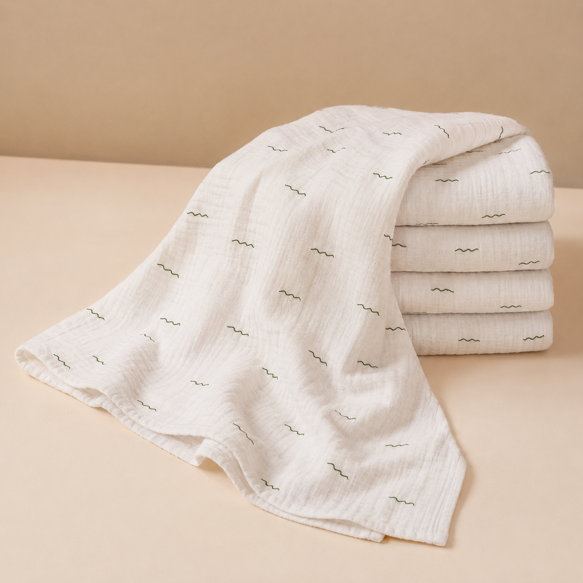 Olive Wave Printed 100 Percent Cotton Muslin Towel