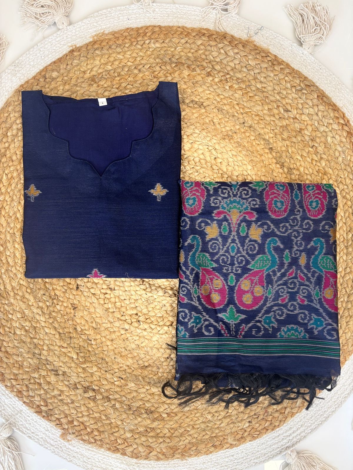 Premium Navy Jamdhani Silk Kurti With Duppata 2 piece set