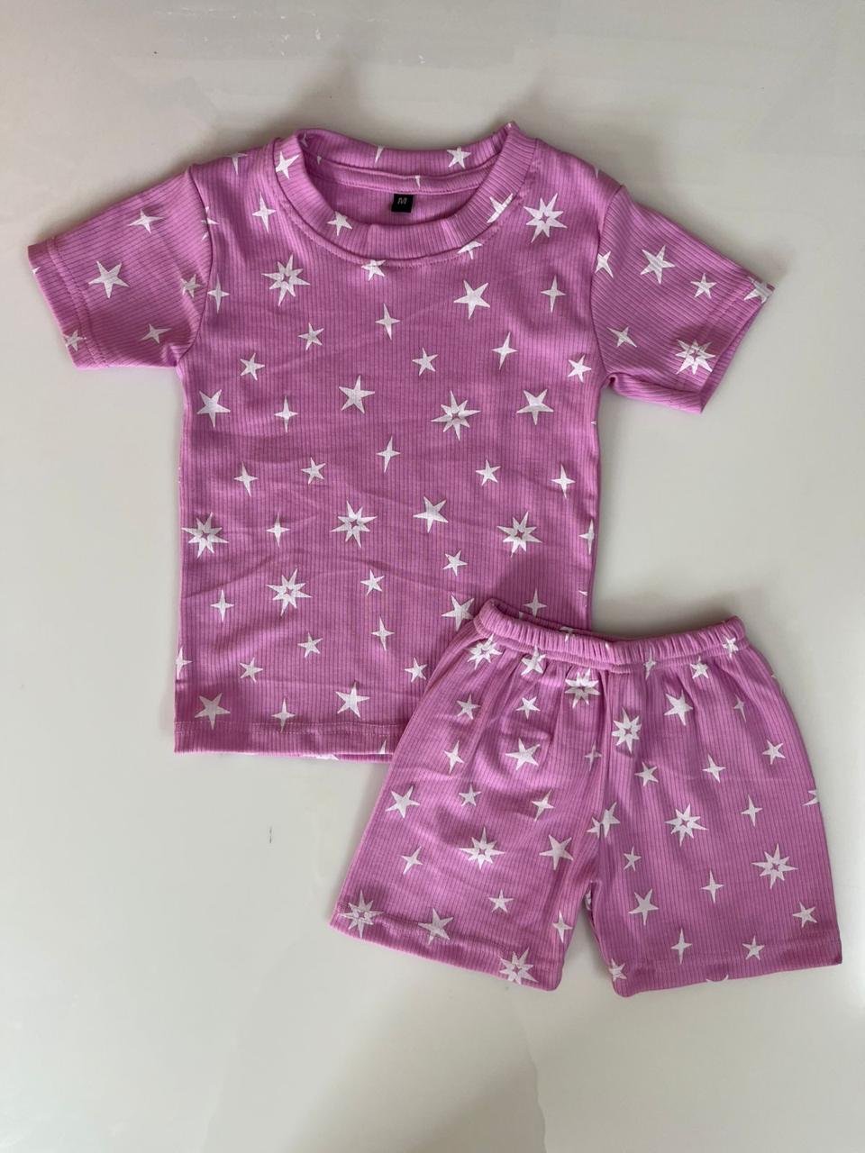 Pink White Star Printed Kids T-shirt and Shorts Coords