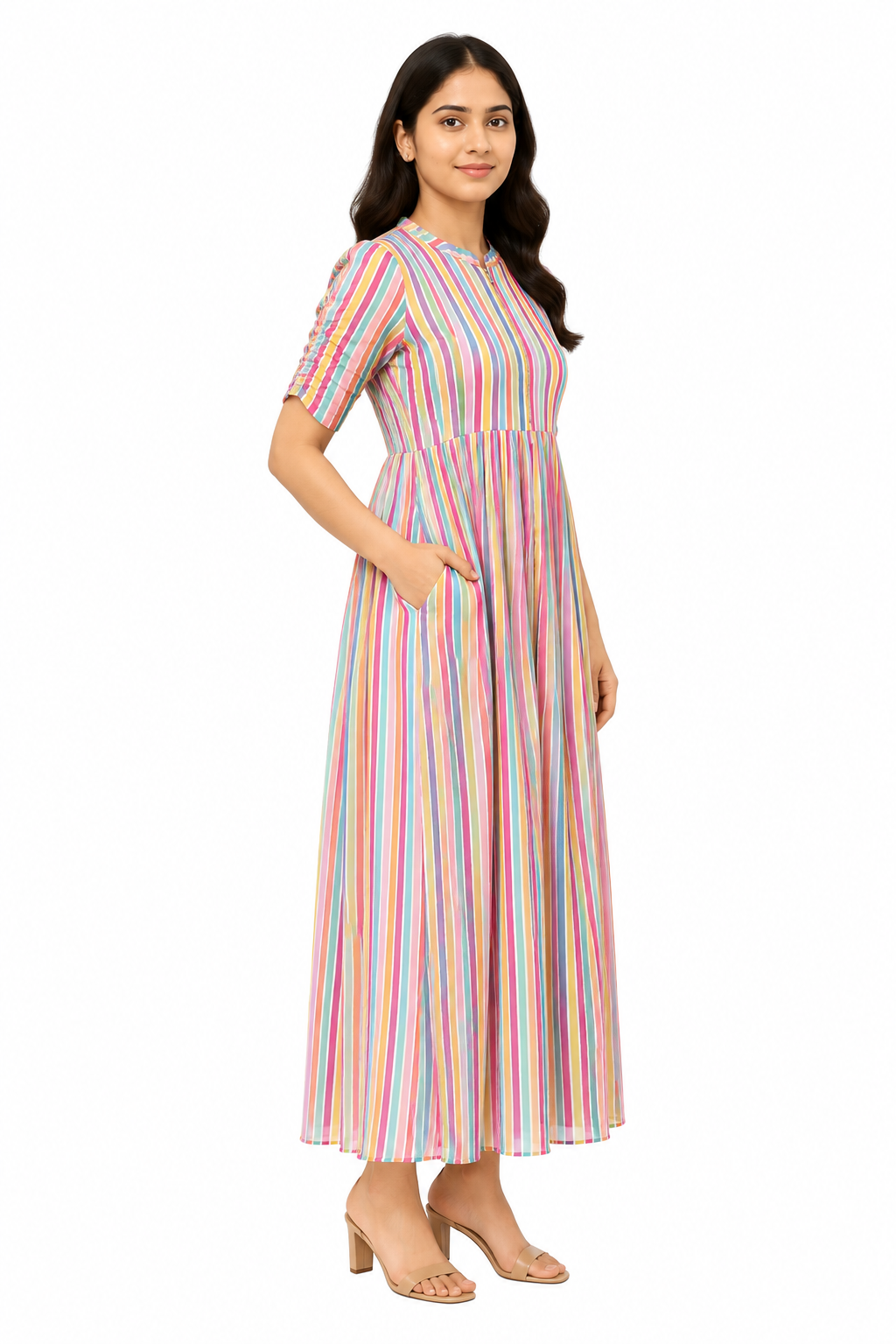 Multicolor Vertical Stripe Print Center Zip Georgette Maxi