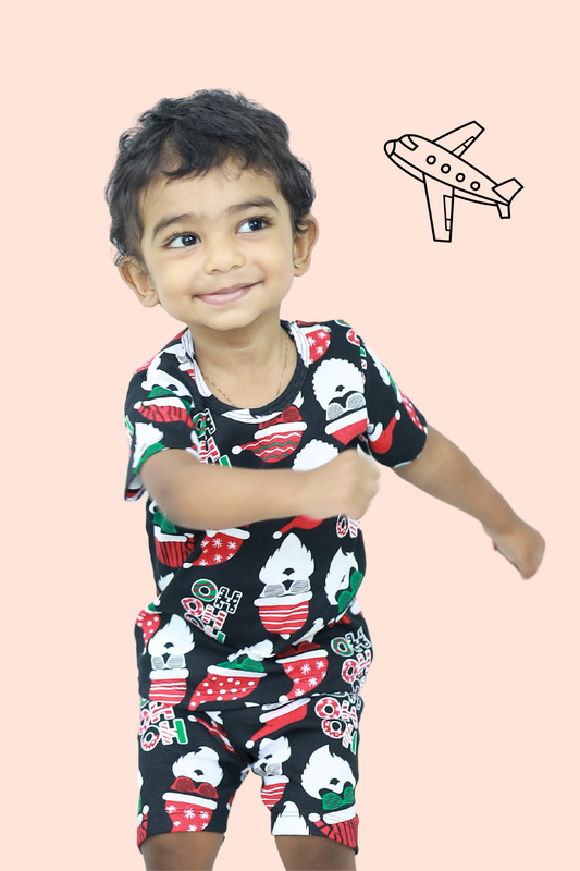 Black Santa Printed Pure Cotton Kids Coords.