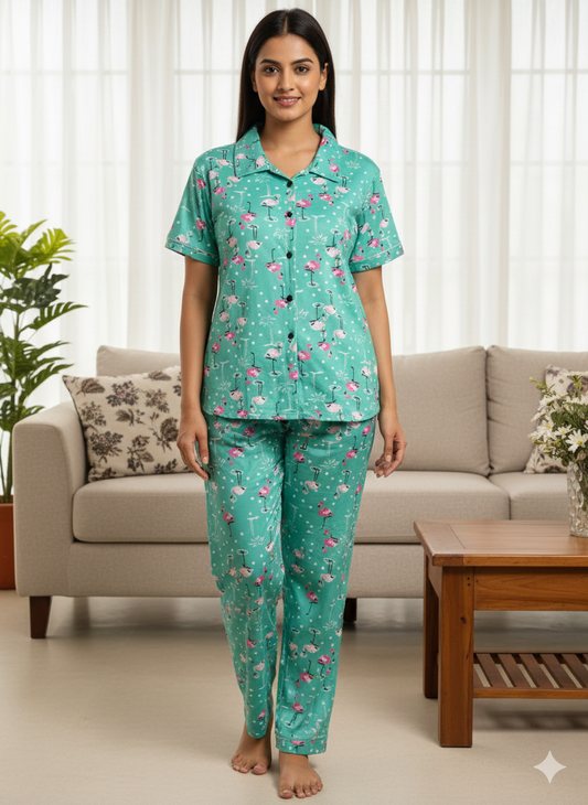 Spun Fabric Green Flamingo Printed Shirt and Pant Coords