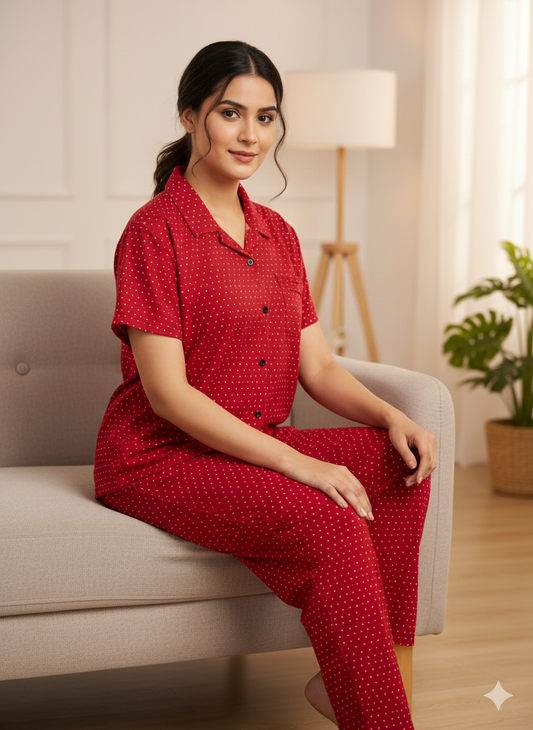 Spun Fabric Red with White Heart Printed Shirt and Pant Coords