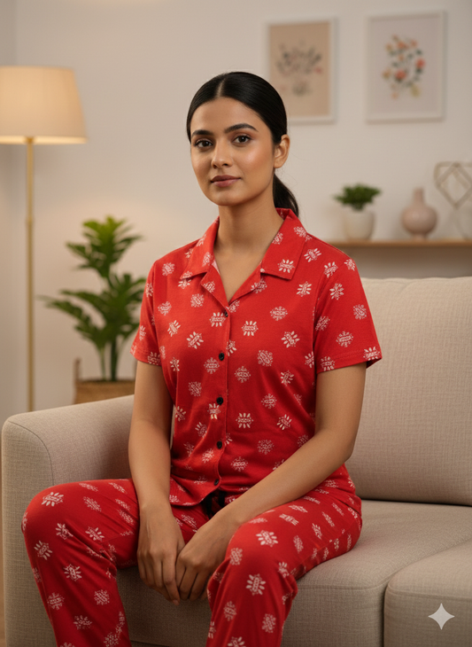 Spun Fabric Solid Red Snowflake Printed Shirt and Pant Coords