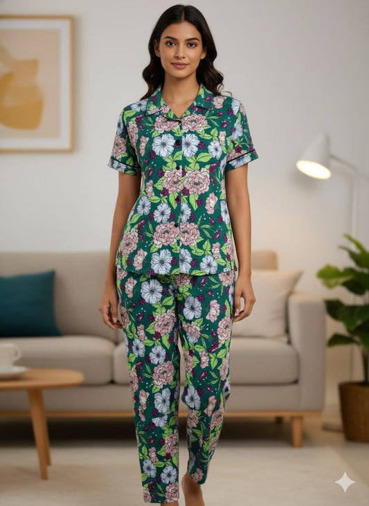 Spun Fabric Dark Green Floral Printed Shirt and Pant Coords