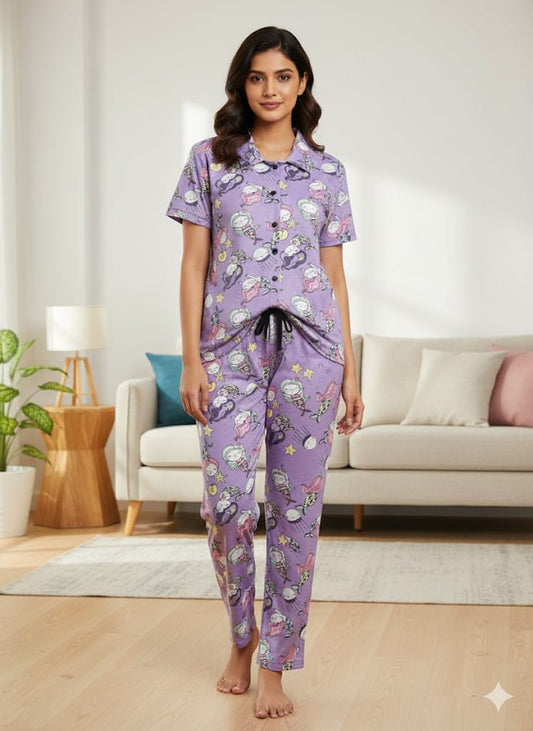 Spun Fabric Lavender Novelty Printed Shirt and Pant Coords