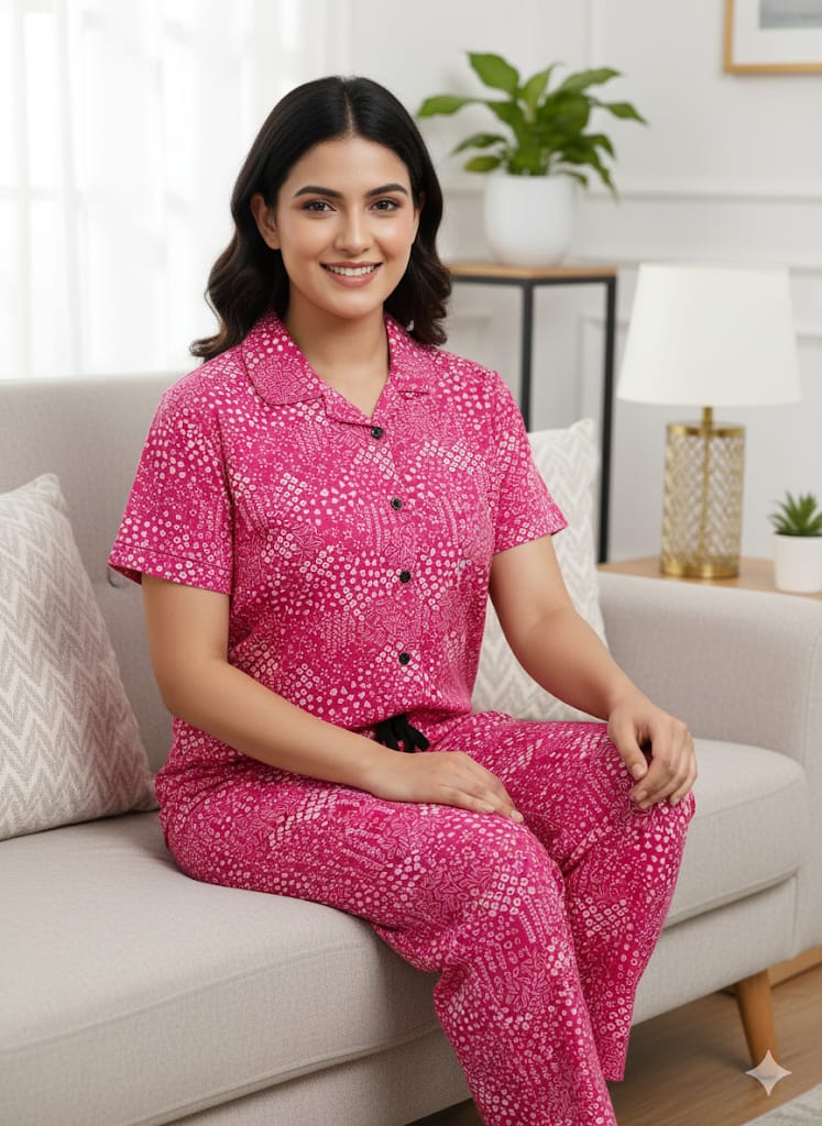Spun Fabric Pink Batik-Style Pattern Printed Shirt and Pant Coords