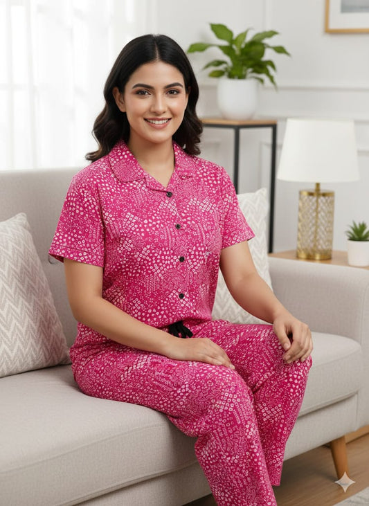 Spun Fabric Pink Batik-Style Pattern Printed Shirt and Pant Coords
