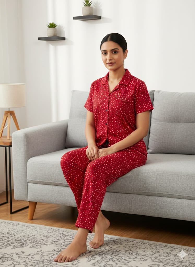 Spun Fabric Red with White Polko Dot's Printed Shirt and Pant Coords