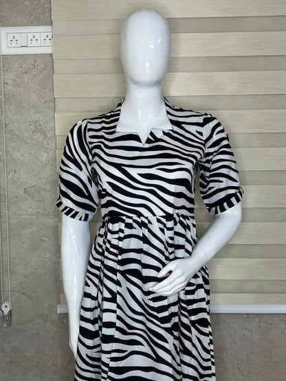 White With Black Zebra Printed Outdoor Blended Cotton Non Feeding Maxi