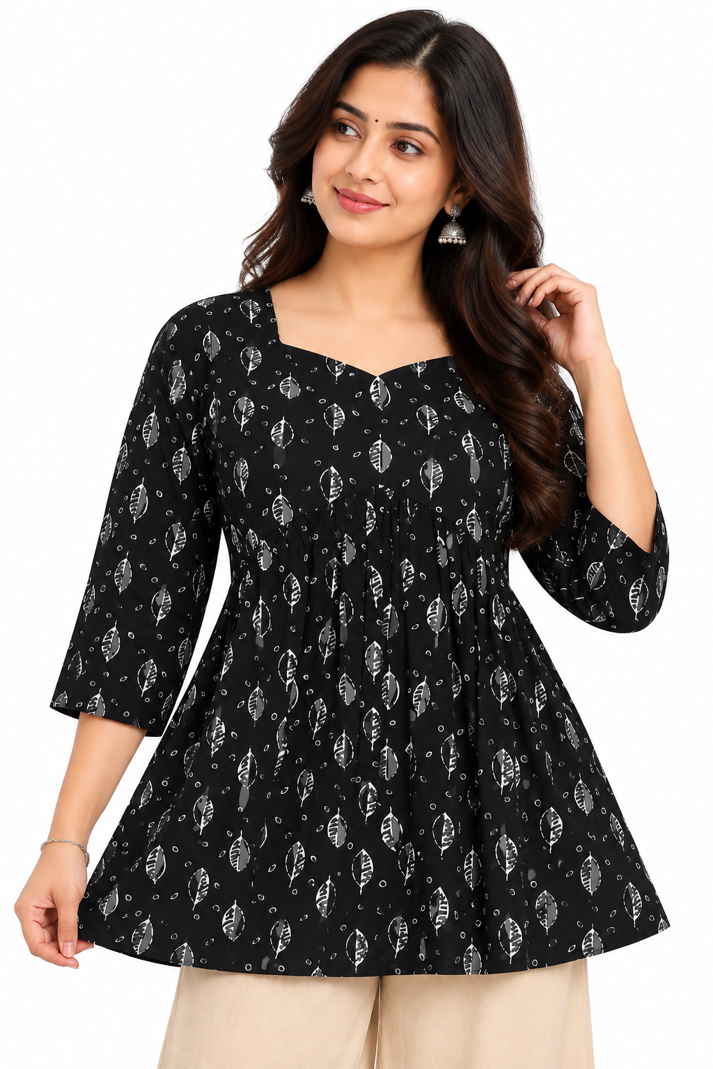 Women's Black & White Leaf Print Peplum Kurta Top